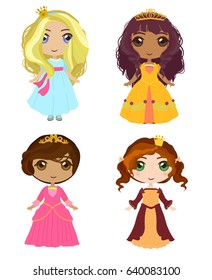 Cute set with princesses in beautiful ballroom gowns. 