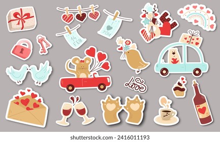 Cute set of printable stickers for Valentine's Day. Little style. Romantic vector illustration for postcards, sites, print. Vector illustration