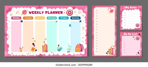 Cute set of printable weekly or daily planner, note paper design, school timetable, scheduler and organizer template and to do list. Vector flat children illustration