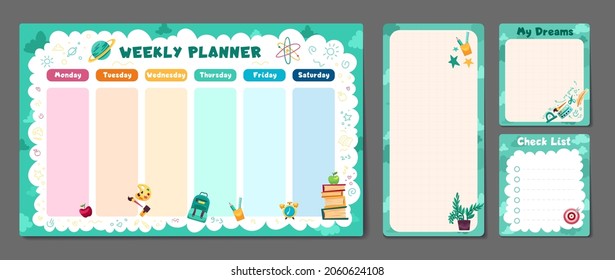 Cute set of printable weekly or daily planner, note paper design, school timetable, scheduler and organizer template and to do list. Vector flat children illustration