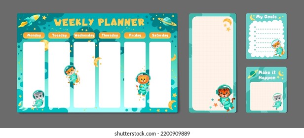 Cute set of printable weekly or daily planner, note paper design, school timetable, organizer template and to do list with cute animals astronauts, planets and stars. Vector cartoon illustration 