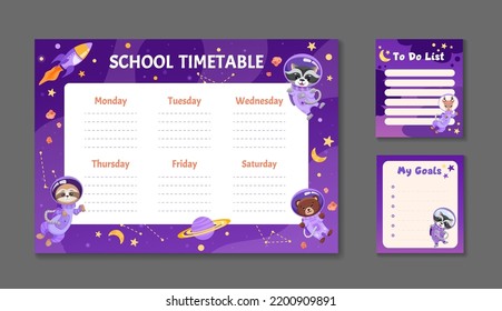 Cute set of printable weekly or daily planner, note paper design, school timetable, organizer template and to do list with cute animals astronauts, planets and stars. Vector cartoon illustration 