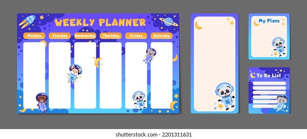 Cute set of printable weekly or daily planner, note paper design, school timetable, organizer template and to do list with cute animals astronauts, planets and stars. Vector cartoon illustration 