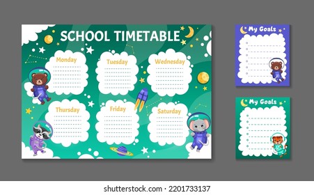 Cute set of printable weekly or daily planner, note paper design, school timetable, organizer template and to do list with cute animals astronauts, planets and stars. Vector cartoon illustration 