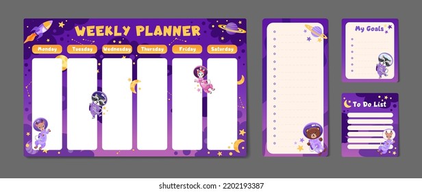 Cute set of printable weekly or daily planner, note paper design, school timetable, organizer template and to do list with cute animals astronauts, planets and stars. Vector cartoon illustration 