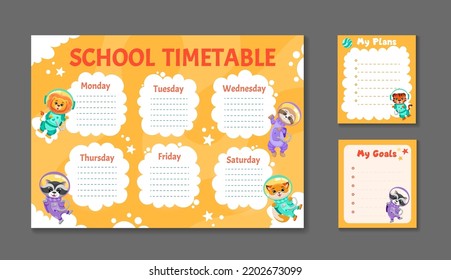 Cute set of printable weekly or daily planner, note paper design, school timetable, organizer template and to do list with cute animals astronauts, planets and stars. Vector cartoon illustration 