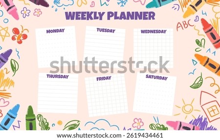 Cute set of printable weekly or daily planner with cute crayons scribbles, note paper design, school timetable, template and to do list with doodle drawings and pencils. Vector children illustration