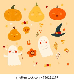 Cute set of pumpkins and ghosts for Halloween  