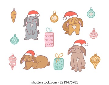 Cute set with rabbits in a Santa hat and Christmas tree toys with gifts, vector flat illustration in hand drawn style on white background.