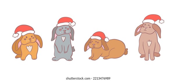Cute set with rabbits in Santa hat, vector flat illustration in hand drawn style on white background.