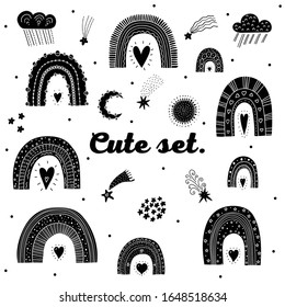 Cute set with rainbows, stars and clouds. Linear illustration.