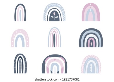 Cute set of rainbows. Vector illustration in blue, pink and gray colors For children textil, decor, tableware, postcards, albums, posters, posters. Drawn in flat style isolated on a white background