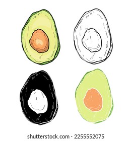 Cute set with realistic avocado vector illustration. Four different half avocado. Sliced avocado isolated on white background. Blank for designer, logo, icon, printing