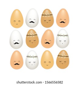 Cute set of realistic Easter eggs as cartoon characters isolated on white background, vector illustration for your decoration