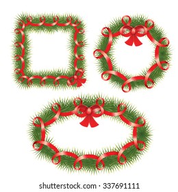 Cute set of realistic Vector Christmas Wreath with red ribbon. Fir tree branches in the shape of Square, round and ellipse. Vector design elements.
