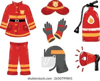 Bonito conjunto vermelho mão desenhada bombeiro terno casaco uniforme segurança trabalhador elemento doodle crianças desenho animado giz aquarela vetor clipart cutout