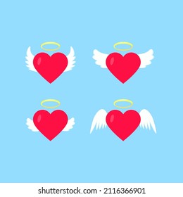 Cute set of red hearts with angel wings isolated on a blue background.