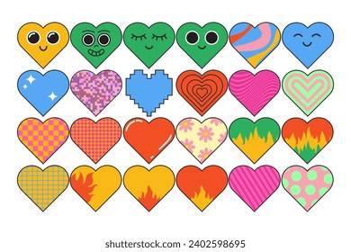 Cute Set von Retro Cartoon Hearts im y2k-Stil einzeln auf Hintergrund. Mädchen-Herzsymbole. Zeichen, Blumen, Streifen, Schachbrettmuster, Flammen, Polka Punkt, Pixel, Smiley. Vektorgrafik. EPS10