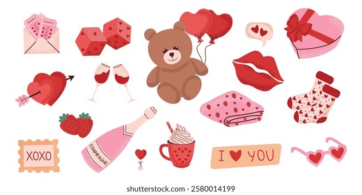 Cute set of romantic elements. Adorable Valentine's Day Illustrations with Teddy bear and decorations. Vector illustration