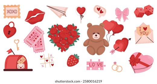 Cute set of romantic elements. Adorable Valentine's Day Illustrations with Teddy bear and decorations. Vector illustration