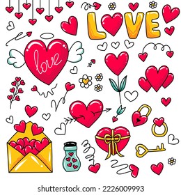 Cute set of romantic elements for valentine's day. Hearts and design elements for Valentine's Day and Mathers day. Vector illustration isolated on white background