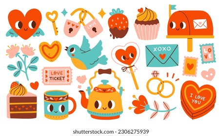 Cute set of romantic elements for Valentines day. Vector illustrations for valentines day, stickers, greeting cards