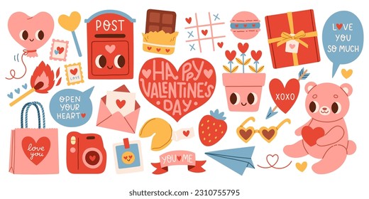 Un bonito conjunto de elementos románticos para el día de San Valentín. Ilustraciones vectoriales para el día de San Valentín, pegatinas, tarjetas de felicitación