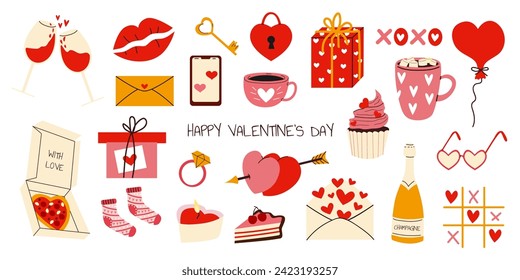 Cute set of romantic elements for Valentines day. Different romantic objects. Heart, champagne, glasses, pizza, cups, ring. Hand drawn style. Vector illustrations for valentines day, stickers.