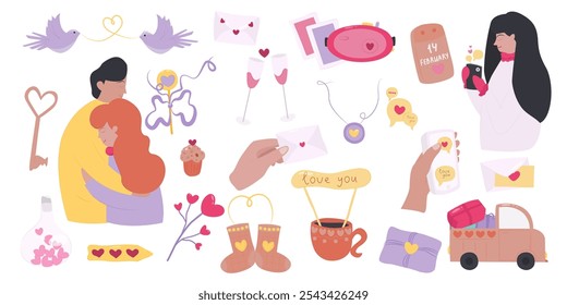 Cute set of romantic elements for Valentine's Day. Various romantic items. Heart, camera, glasses, love doves, cups, heart-shaped key, couple in love. Hand style. 