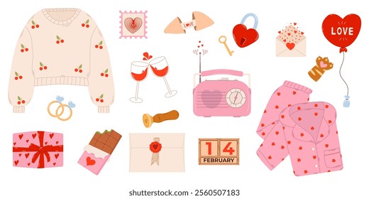 Cute set of romantic elements for Valentine's Day. Scrapbooking elements for Valentine's Day heart, prediction cookies, gift, Dubai chocolate, pajamas, love envelope. Vector illustrations for Valentin