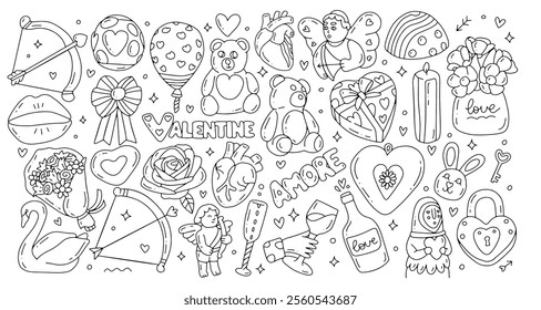 Cute set of romantic elements for Valentines day. Hearts, sweets, flowers, cupcakes, gifts and other cute items and characters. Vector hand drawn illustrations for valentines day, stickers, cards