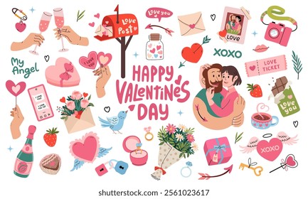 Cute set of romantic elements for Valentines day. Couple in love hugs. Holiday gifts, bouquet of flowers, box of chocolates, champagne. Box with diamond ring, envelope with letter. Vector illustration