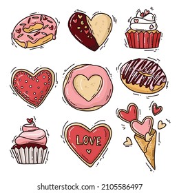 Cute set of romantic sweets elements for Valentine's day. Hearts, sweets, cupcakes. Vector illustrations for valentines day, stickers, greeting cards, etc.