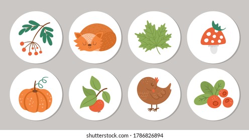 Cute set of round card designs with bird, fox, pumpkin, mushroom, berry, leaf. Vector autumn pin or badge design isolated on white. Fall season woodland animals for print, sticker, postcard.  
