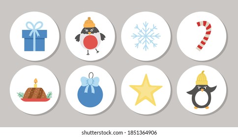 Cute set of round Christmas highlight icons or card designs with bird, present, penguin, star, bullfinch, snowflake. Vector winter holiday pin or badge design isolated on white background 
