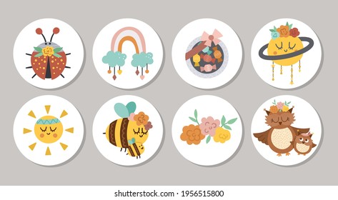 Cute set of round Mothers day highlight icons or card designs with cute animals, sweets, flowers. Vector spring holiday pin or badge design isolated on white background with family love concept

