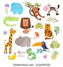 Cute set of safari animals and flowers. Savanna and safari funny cartoon animals. Jungle animals vector set. Crocodile, giraffe, lion and monkey, and other jungles and savannah animals in one cute