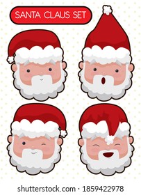 Cute set of Santa Claus faces to express different emotions: joy, happiness, surprise and winking at you.