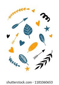 Cute set of scandinavian cartoon elements: arrows, feather, branch; leaf; hearts; stars. White background isolated. Vector illustration.