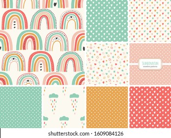 Cute set of scandinavian childish seamless patterns with trendy hand drawn rainbows, cloud and stars in naive art style, to use as kids texture for textile, wallpaper, apparel etc, vector illustration