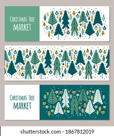 Cute set of Scandinavian Christmas horizontal banner backgrounds with hand drawn Fir Trees and Christmas balls for your decoration