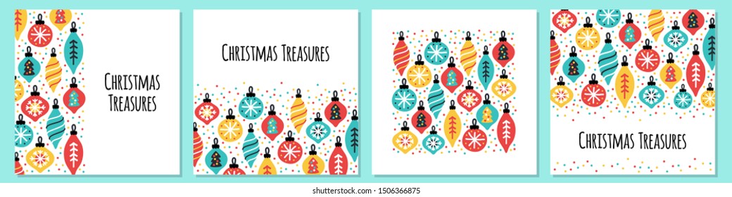 Cute set of scandinavian Christmas Treasures backgrounds with hand drawn Christmas balls and confetti for your decoration