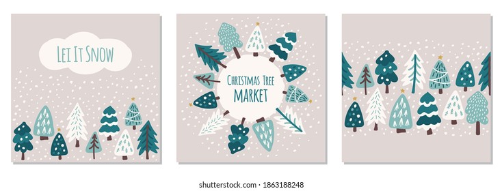 Cute set of Scandinavian Christmas Trees frame backgrounds with hand drawn Snowy Fir Trees Forest for your decoration, can be used as greeting card, banner etc