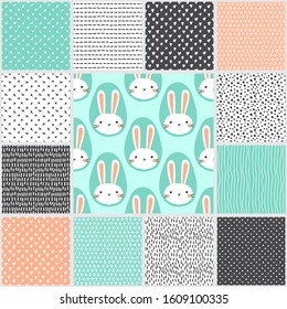 Cute set of scandinavian Easter seamless patterns with hand drawn rabbits egg shaped portrait, creative spring design in naive art doodle style, baby nursery texture ideal for textile, wallpaper etc