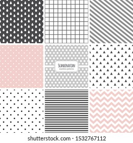 Cute set of Scandinavian geometric seamless patterns in neutral colors palette, ideal for surface design of wallpaper, textile etc