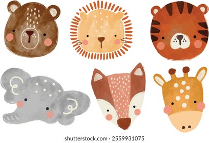 Cute set of scandinavian jungle forest animals crayon watercolor illustration png transparent nursery cutout clipart digital planner sticker