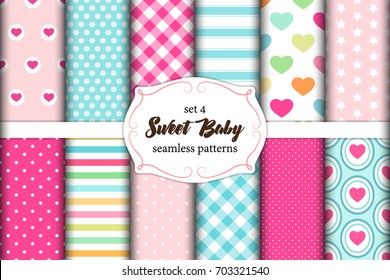 Cute set of scandinavian Sweet Baby seamless patterns with fabric textures