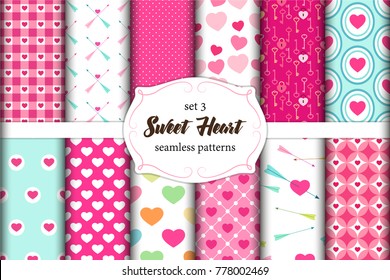 Cute set of scandinavian Sweet Heart Valentines Day seamless patterns with fabric textures