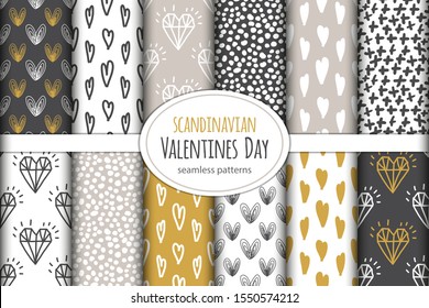 Cute set of Scandinavian Valentines day seamless patterns background with hand drawn hearts in neutral colors for your decoration