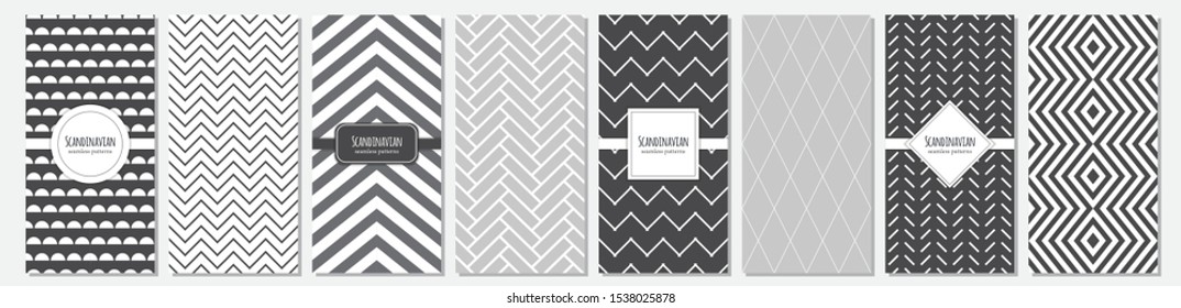 Cute set of Scandinavian vertical card templates based on geometric seamless patterns in neutral colors palette, vector illustration for your decoration